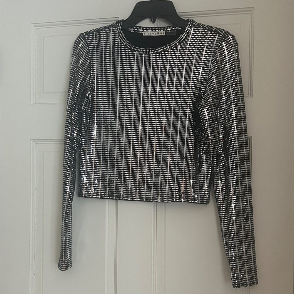 Alice + Olivia Black and Silver Sequin Crop Top